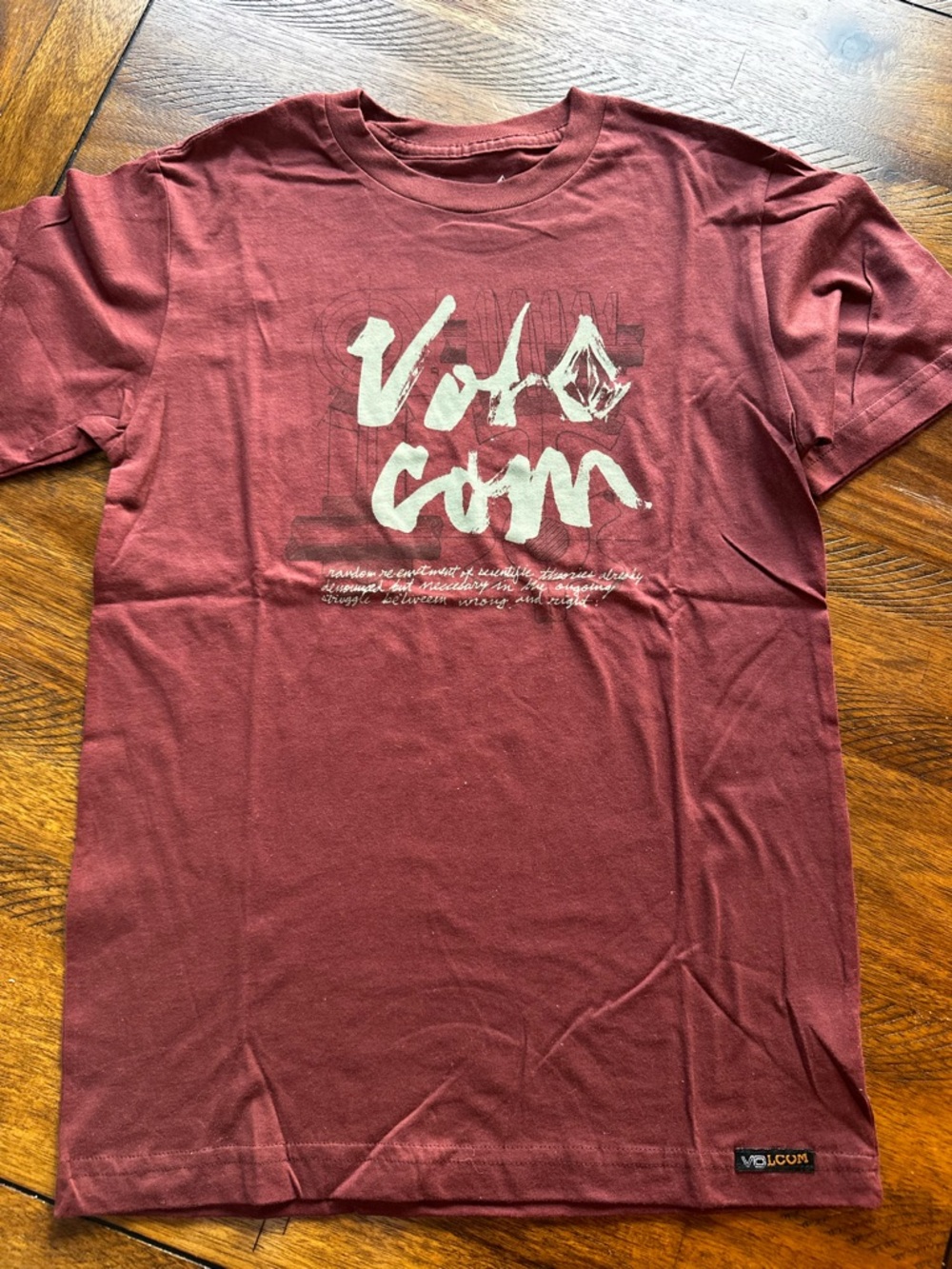 Volcom White Script Logo Tee on Maroon